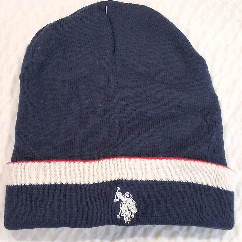 US Polo Association Fleece Blue White and Red Lined Beanie